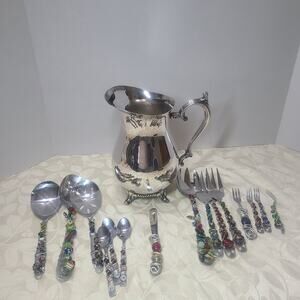 Vintage Silver Plate Footed Water Pitcher w Ice Lip + Serving Utensils Unique